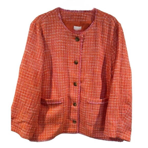 J. JILL Dahlia Coral & Pink Tweed Jacket Blazer Womens Button Front, Size XL - Picture 2 of 4